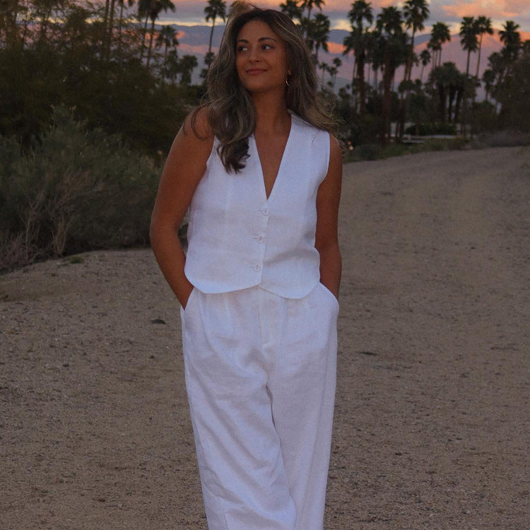Damenbekleidung Sommer Baumwolle Leinen Ärmellose Weste Hose Zweiteiliges Set Damen Freizeit-Set