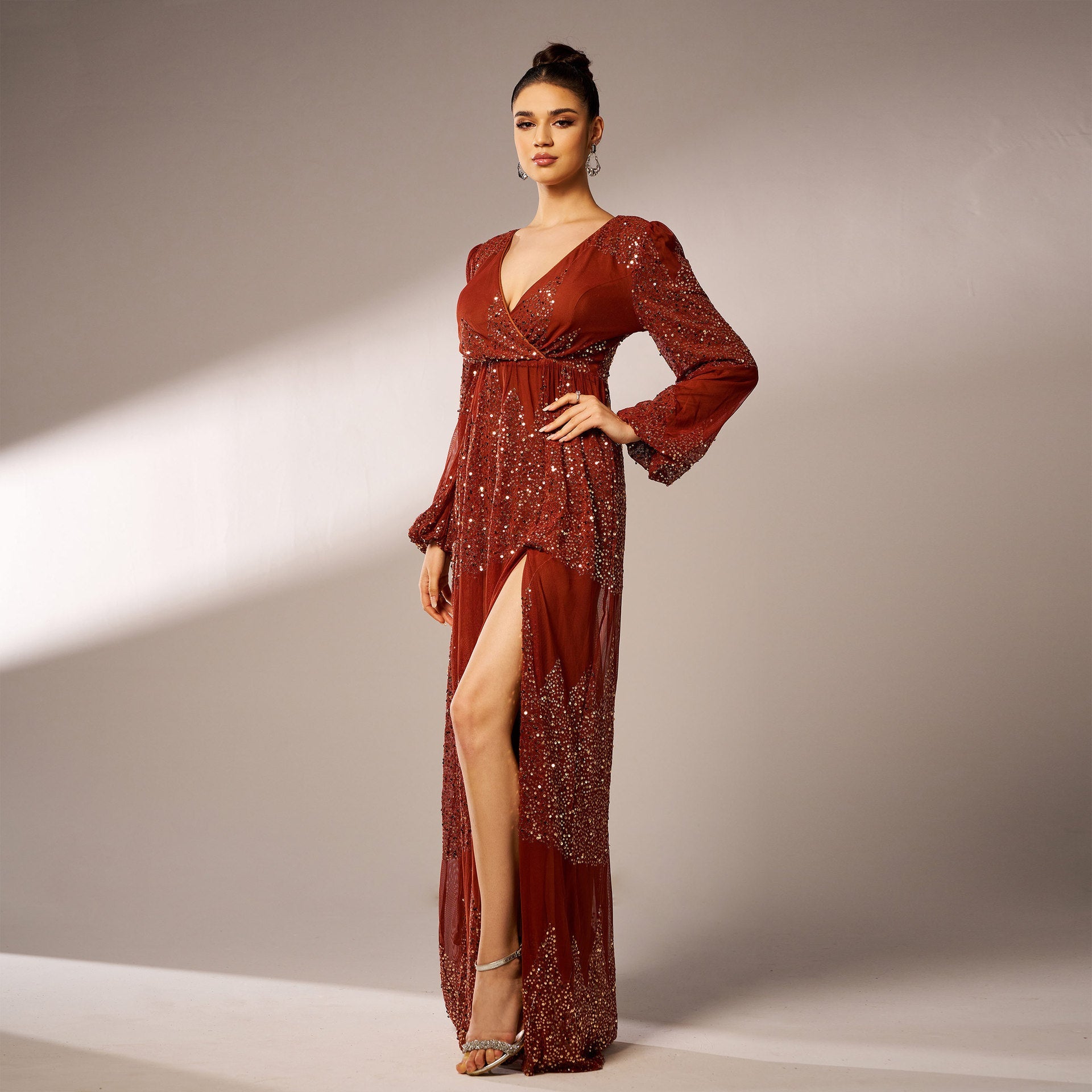 High-End Langarm Elegantes V-Ausschnitt Sexy Langes Pailletten Cocktail Abendkleid Brautjungfernkleid Kleid Damen