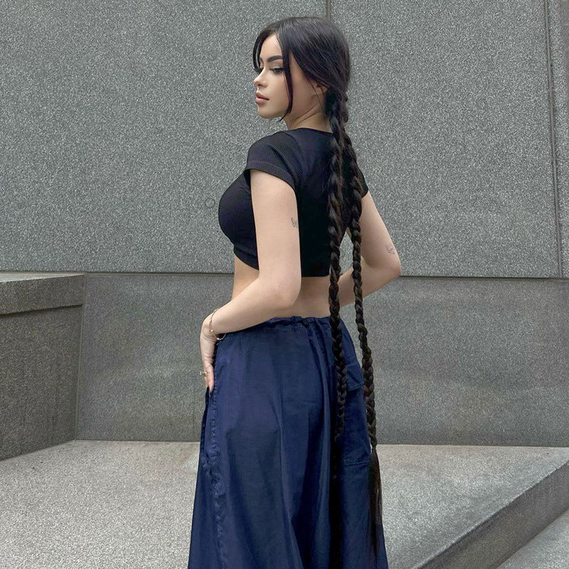 Blaue, lockere, sportliche, lässige Webhose mit weitem Bein für Damen Sommer Street Snap