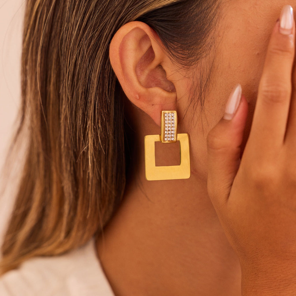 Geometric Abstract Diamond Square Stainless Steel Earrings Plated 18K Gold Light Luxury Elegant Ear Rings
