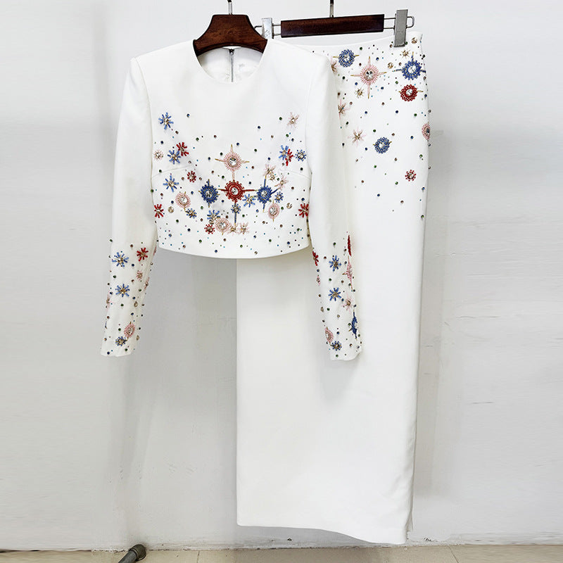 Women Rhinestone Beaded Short Top Skirt Two Piece Set