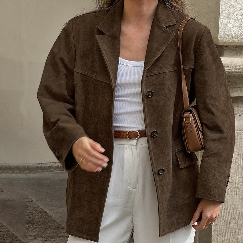 Brauner Mantel aus gebürstetem Samt mit Retro-Revers, lockerer Wildleder-Optik, Herbst Winter Maillard Blazer Damen