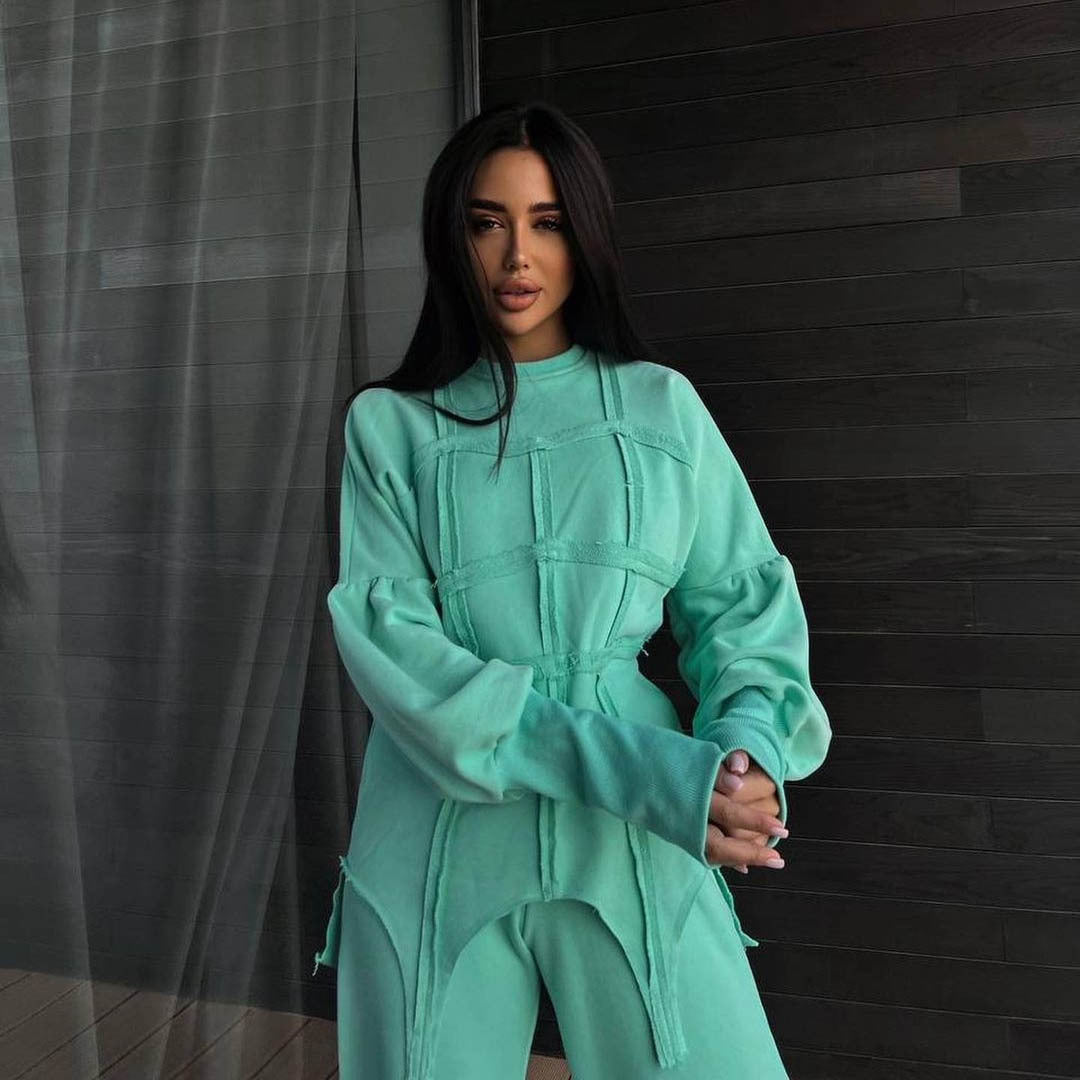 Einfarbige Kapuzenpullover-Sets Rundhals-Pullover-Oberteil Geteilte gerade Hose Lässige zweiteilige Sets