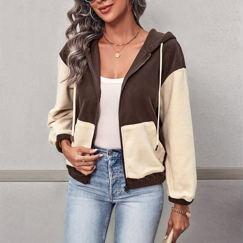 Herbst Winter Lässiger Reißverschluss Cardigan Kapuzenfarbblock Polar-Fleecejacke Damen