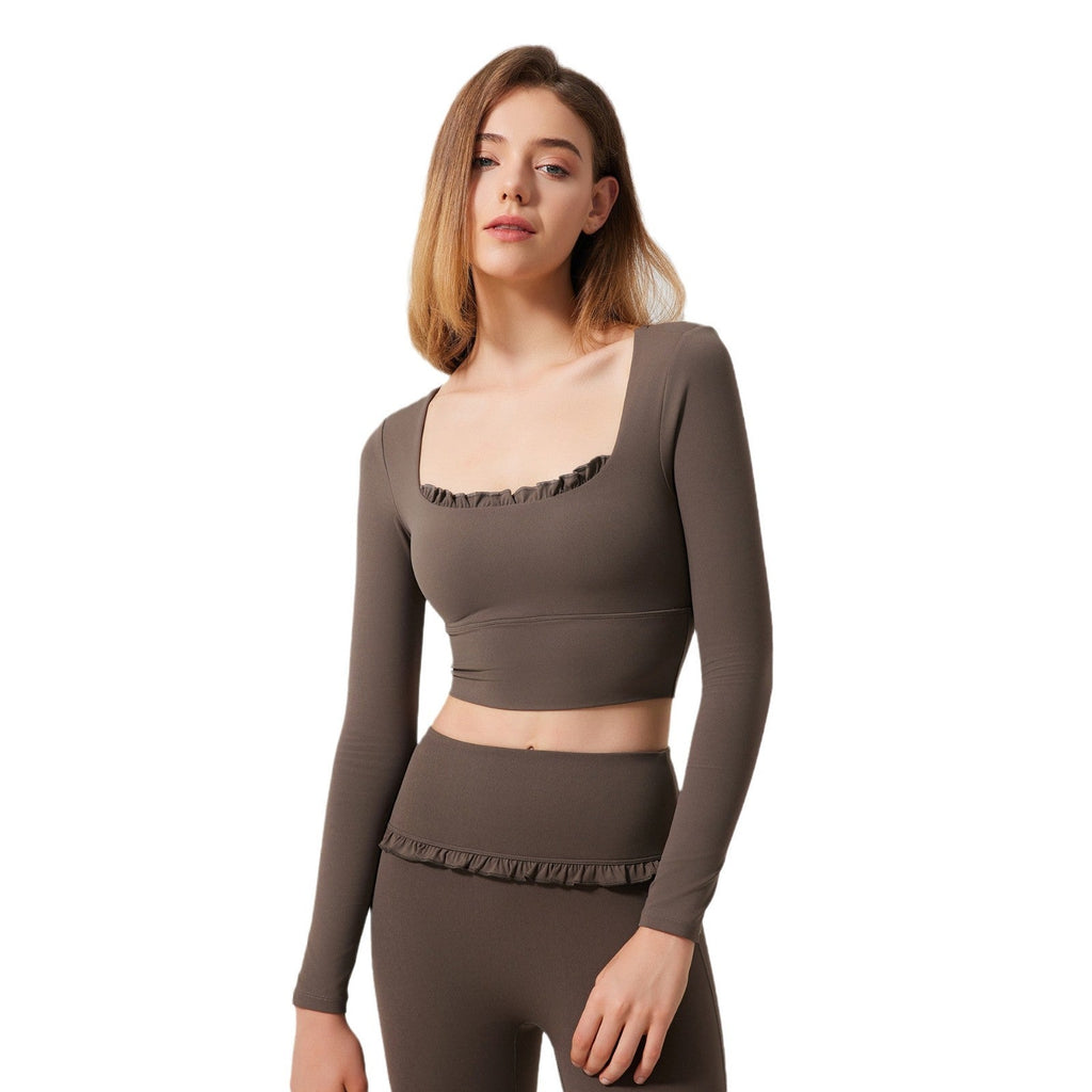 Herbst Winter Nude Feel Spitze Yoga Kleidung Langarm Semi Fixed Cup Laufen Schlank Sport BH Atmungsaktive Workout Kleidung Top