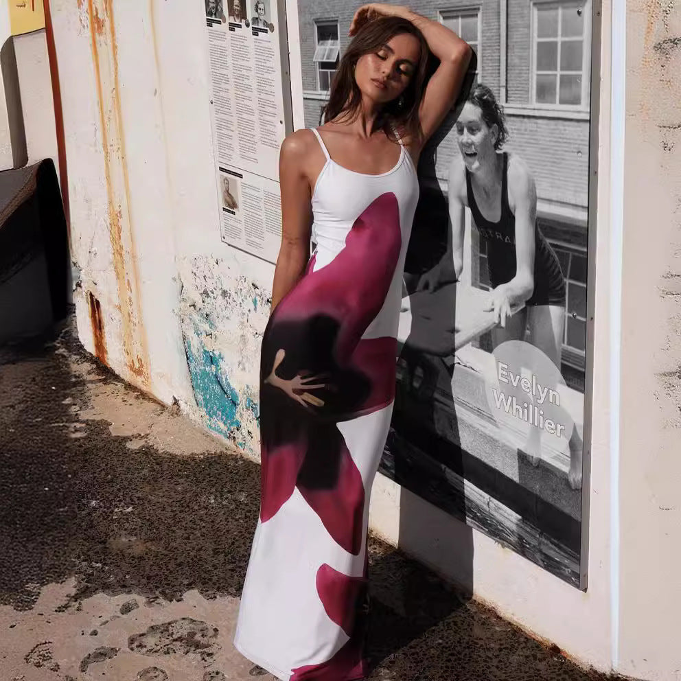Damenbekleidung Sommer Sexy Spaghettiträger Blumendruck Hüft-Schlitz-Kleid Damen Strandkleid