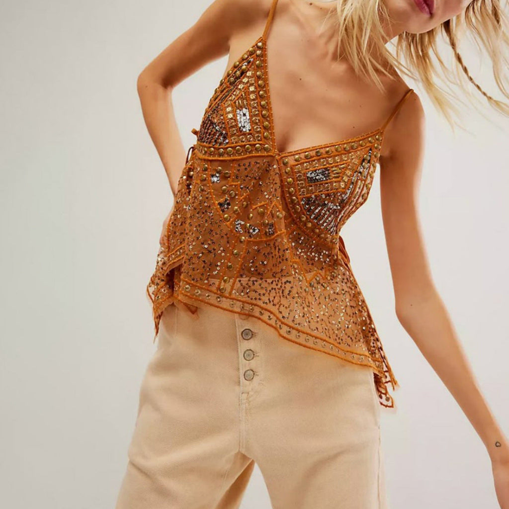 Sexy Durchsichtig Rückenfrei Versuchung Lässiger Trend Strass Camisole Strand Sonnenschutz Weste