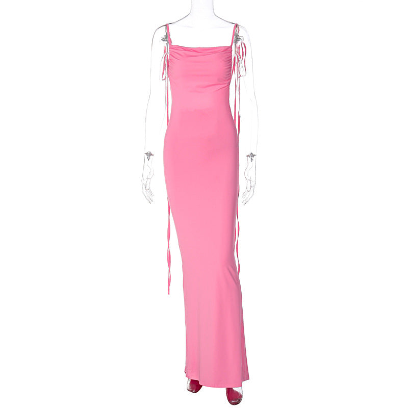 Einfarbiges, sexy, rückenfreies, plissiertes, langes, elegantes, figurbetontes Spaghettiträgerkleid für Damen