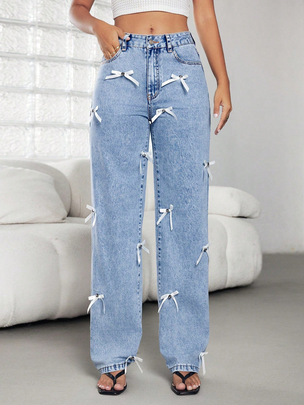 Schleifenband Damen Ganzjahreshose Weite Jeanshose