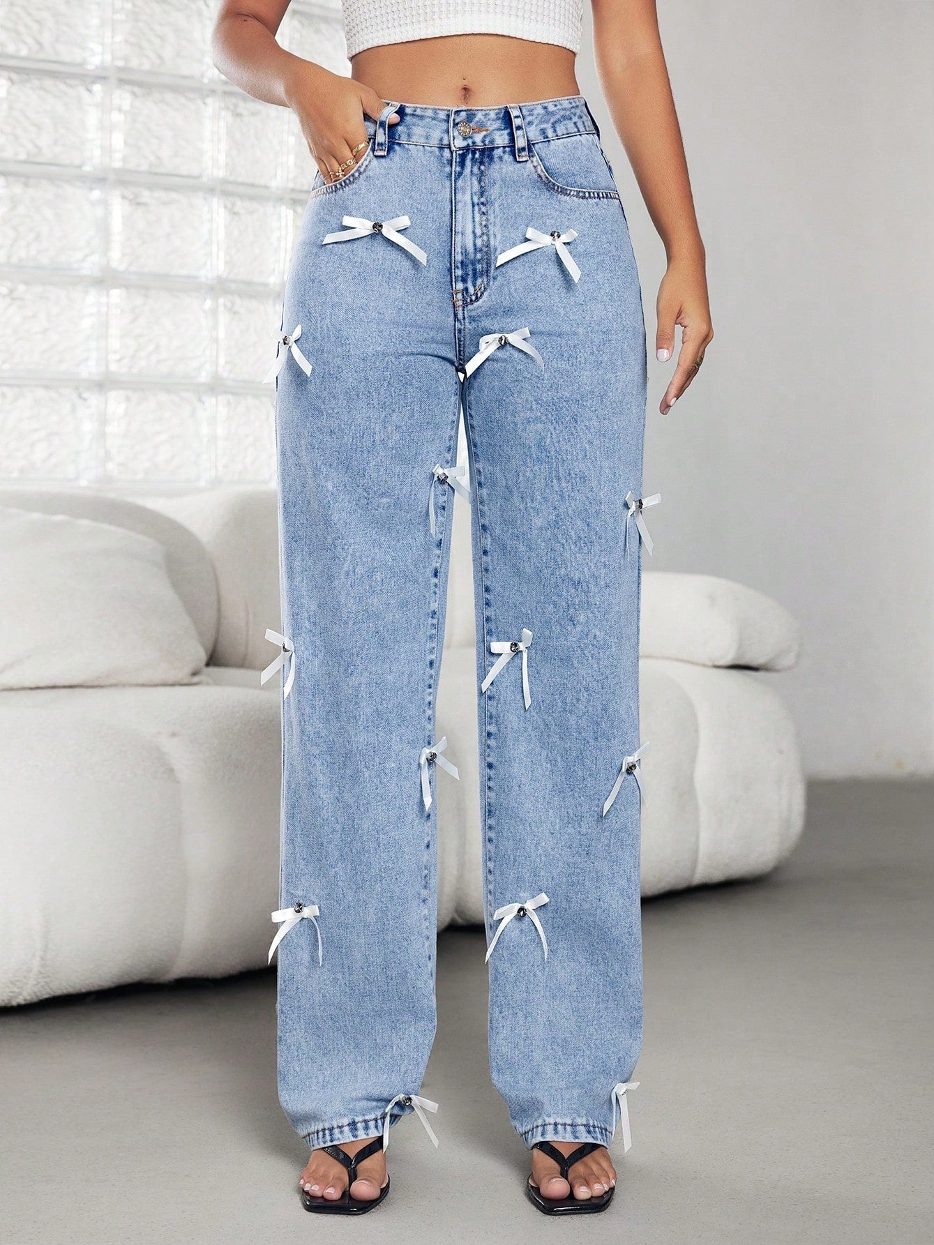 Schleifenband Damen Ganzjahreshose Weite Jeanshose