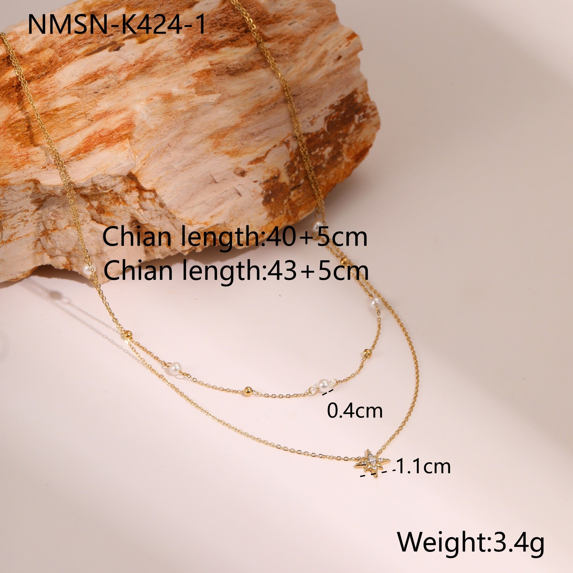 Double Layer Six Pointed Star Rhinestone Pearl Stainless Steel Necklace 18K Gold Plating Ornament