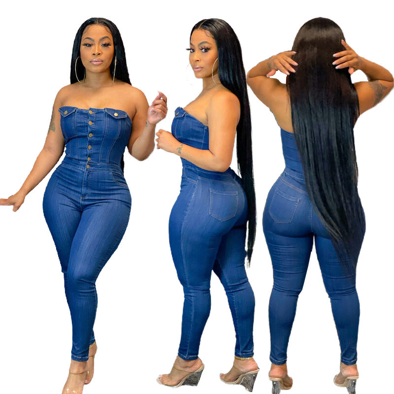 Lässiger Tube Top Damen-Overall aus schmal geschnittenem Denim