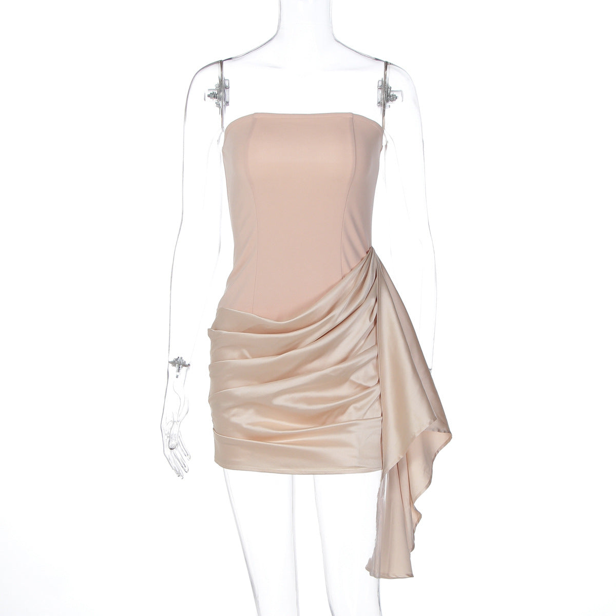 Women Clothing Autumn Satin Stitching Graceful Tube Top Sheath Pleated Slim Dress for Women