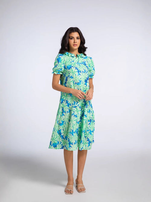 Women's 2025 summer long skirt dress with ruffled sleeves, pleated design, Thai print, and bow detail by SHOPEZRA L.L.C.