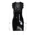 Autumn Women Clothing Sexy Deep V Plunge Plunge Sleeveless Faux Leather Sheath Dress