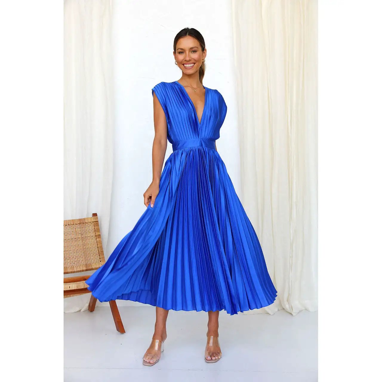 Spring Summer Sexy Pleated Dress Casual Loose Zip Sleeveless Dress by Wanita Store