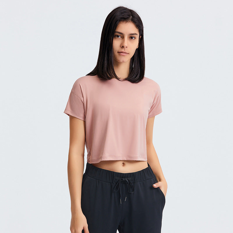 Sexy verkürztes Yoga T-Shirt für Damen, schnell trocknend, locker, atmungsaktiv, Outdoor-Sport-Trainingskleidung