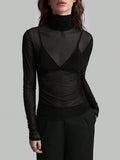 Autumn Winter Stand Collar Solid Color Mesh Slim Fit Slimming Long Sleeves Office Top