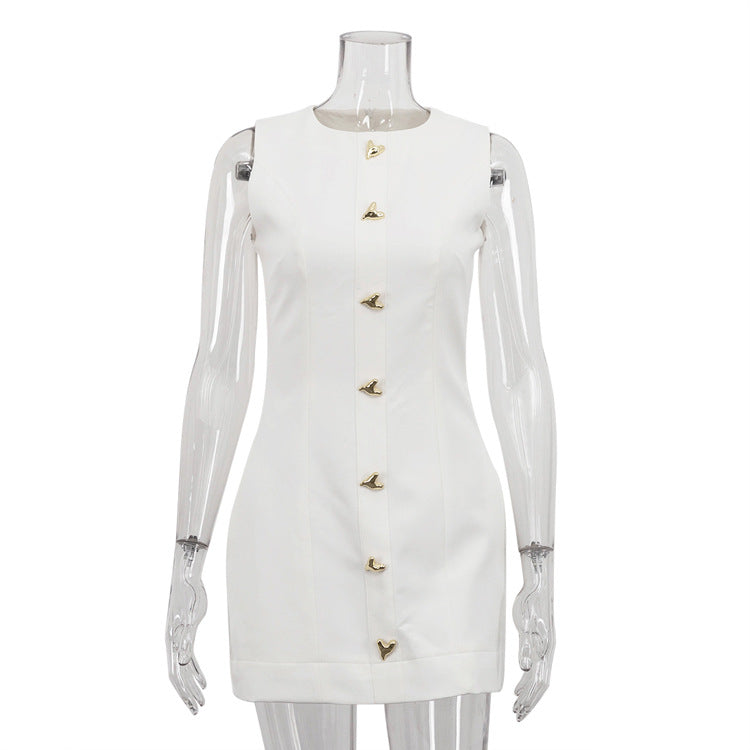 Damenbekleidung Neuheiten Weißes kurzes französisches Kleid Ärmellos Rundhals Tailliertes Westekleid