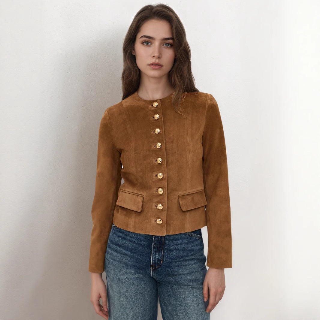 Classic Metal Single Breasted Short All Match Suede Air Layer Jacket Short Coat Autumn
