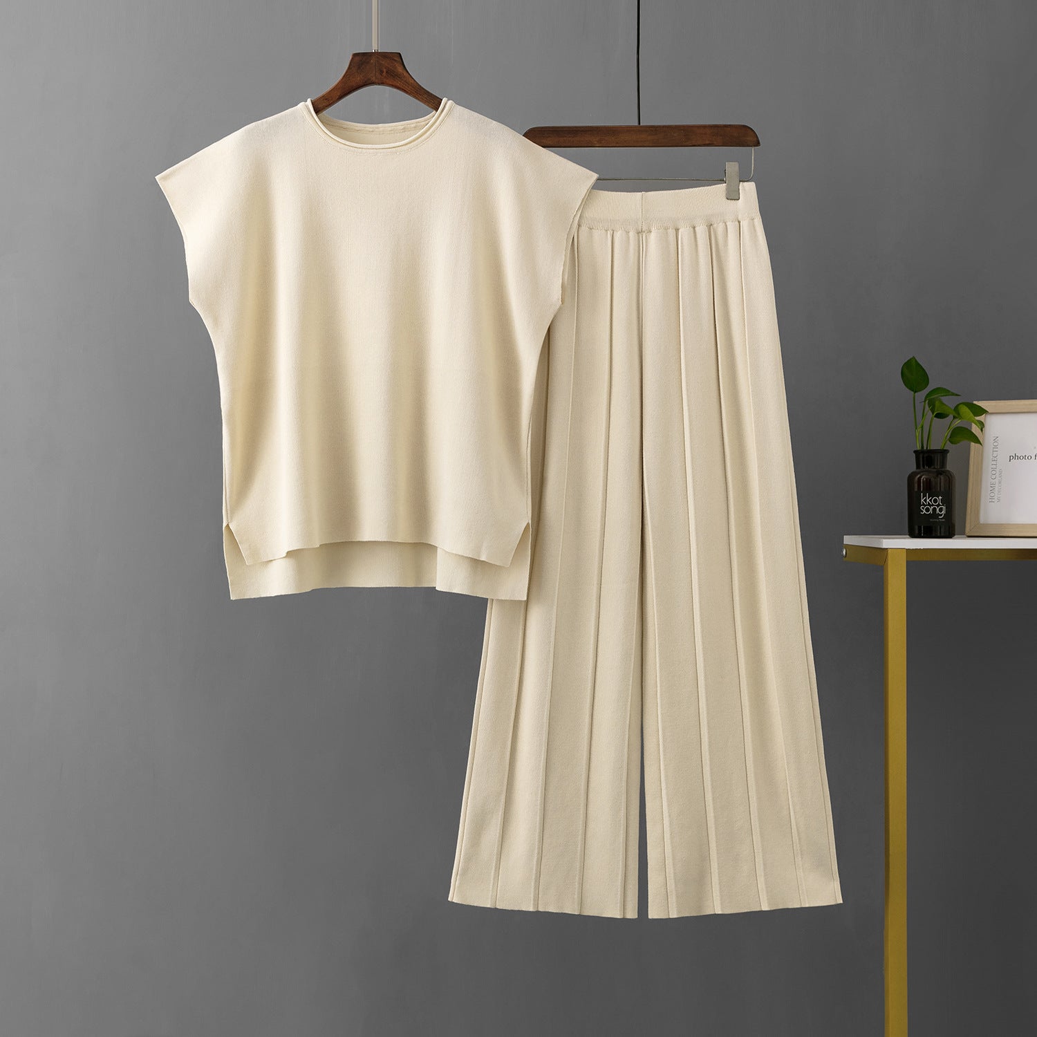 Lässiger Damen Sommer Einfarbig Ärmellos Weste Pullover Weite Hose Eisseide Sets