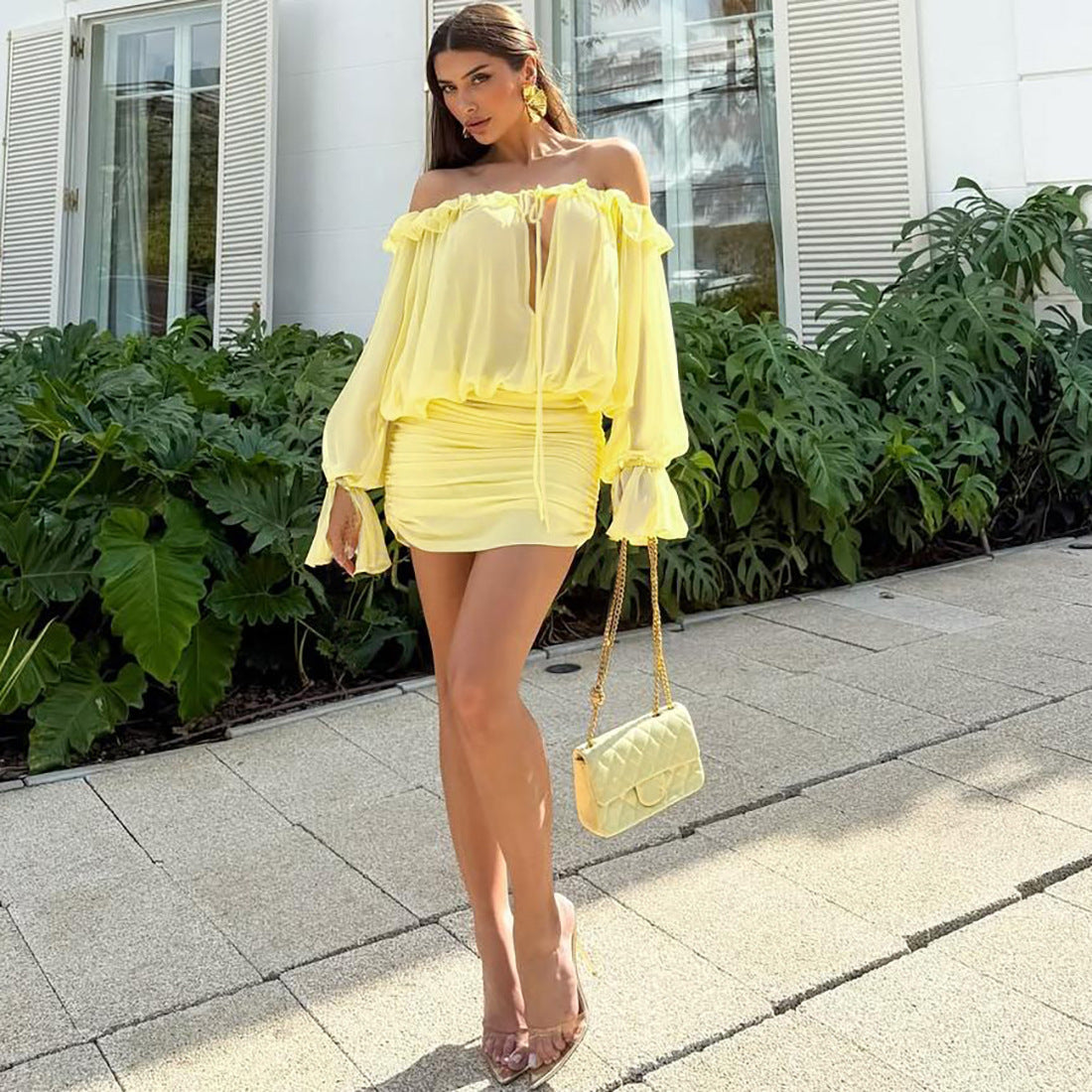 Herbst Damenbekleidung Sexy schulterfreies, ausgeschnittenes Kleid zum Binden mit festem Farbton und schmaler Hüfttasche