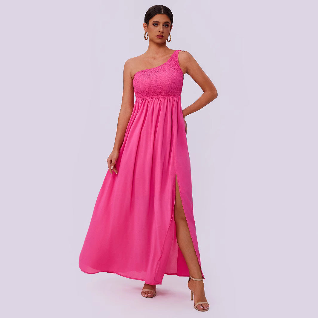 Damen Kleidung Sommer Damen Kleid mit diagonalem Kragen und Faltenwurf
