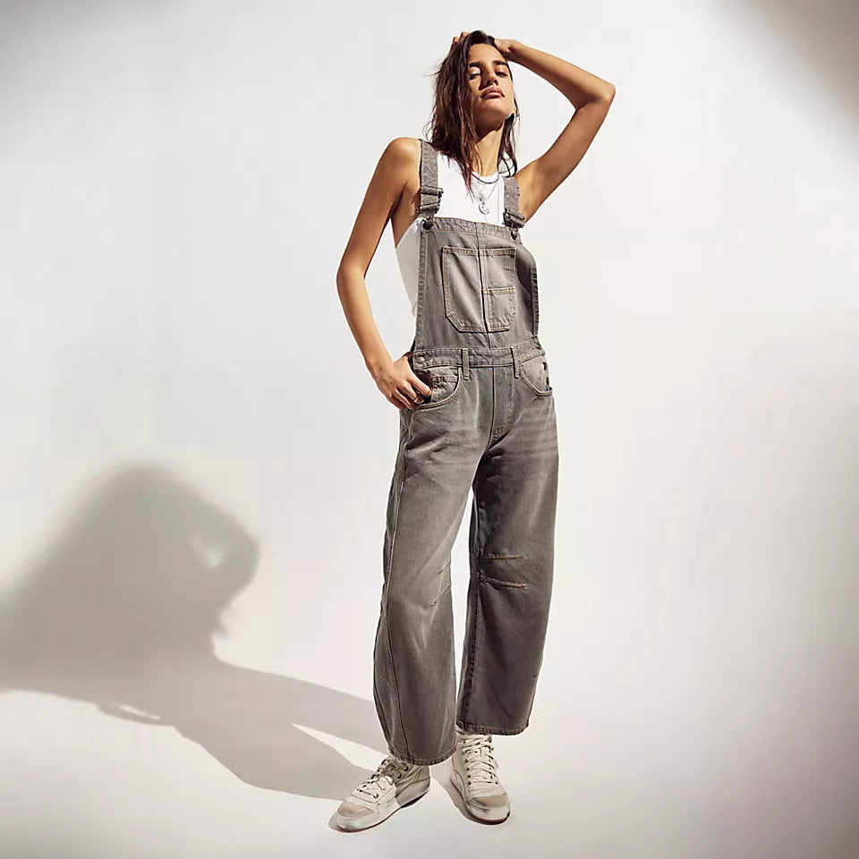Street Washed Out Vintage Loose Straight Cargo Jeans Latzhose