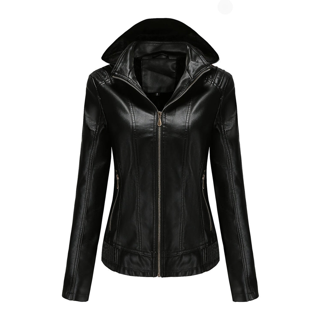 Herbst Winter Kapuzen-Ledermantel Damen Abnehmbare Kapuze Langarm Reißverschluss Fleece-gefütterte Lederjacke Schmaler Mantel