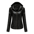 Herbst Winter Kapuzen-Ledermantel Damen Abnehmbare Kapuze Langarm Reißverschluss Fleece-gefütterte Lederjacke Schmaler Mantel