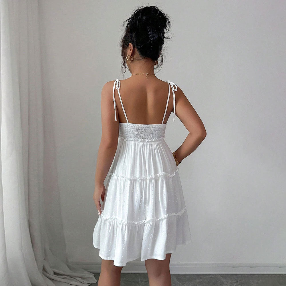 French Women Summer Short Tiered Dress Elegant Tied Suspender Dress