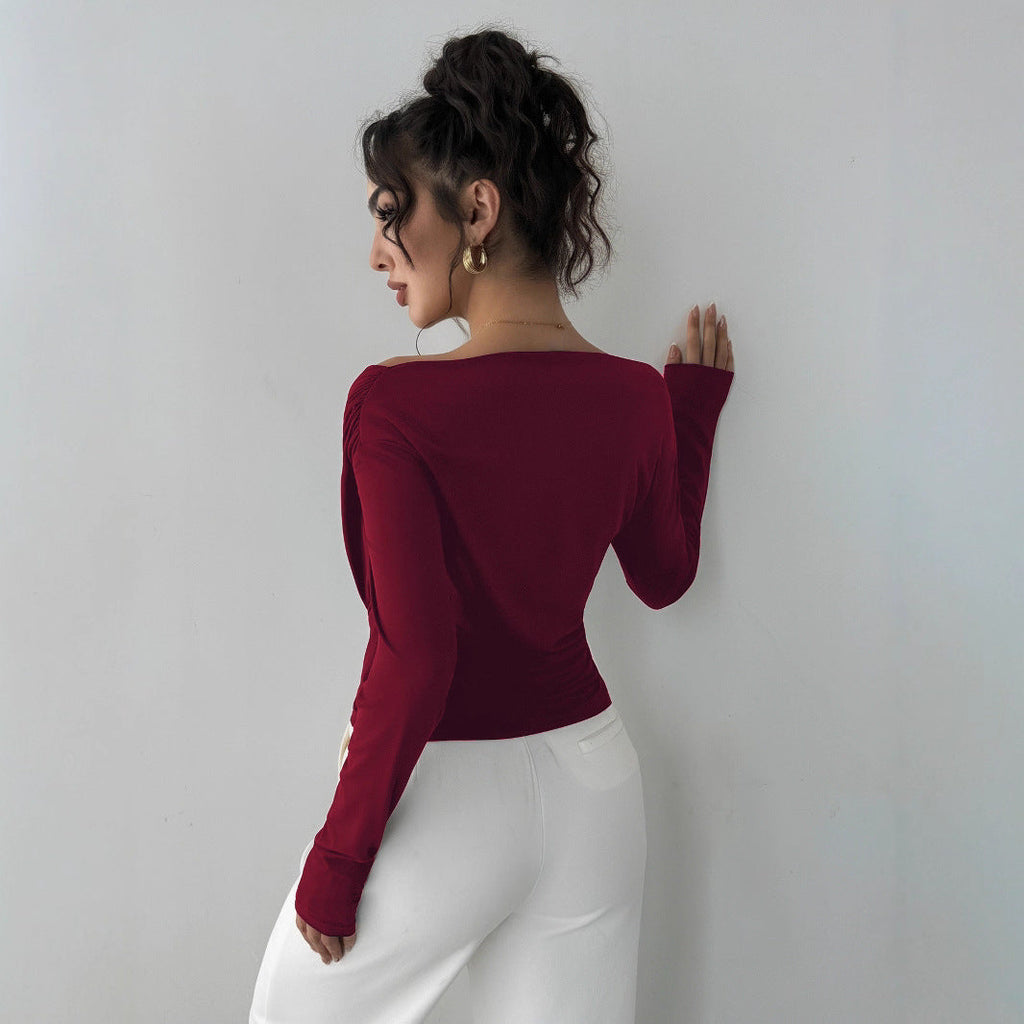 Herbst Winter Einfarbiger Schulterkragen Schulterfrei Slimming Langarm All-Match Office Oberteil