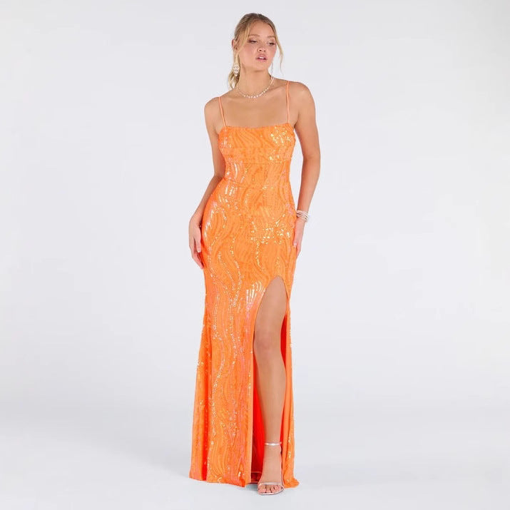 Kleid Sexy Trägerlos Rückenausschnitt Hoher Schlitz Pailletten Society-Kleid