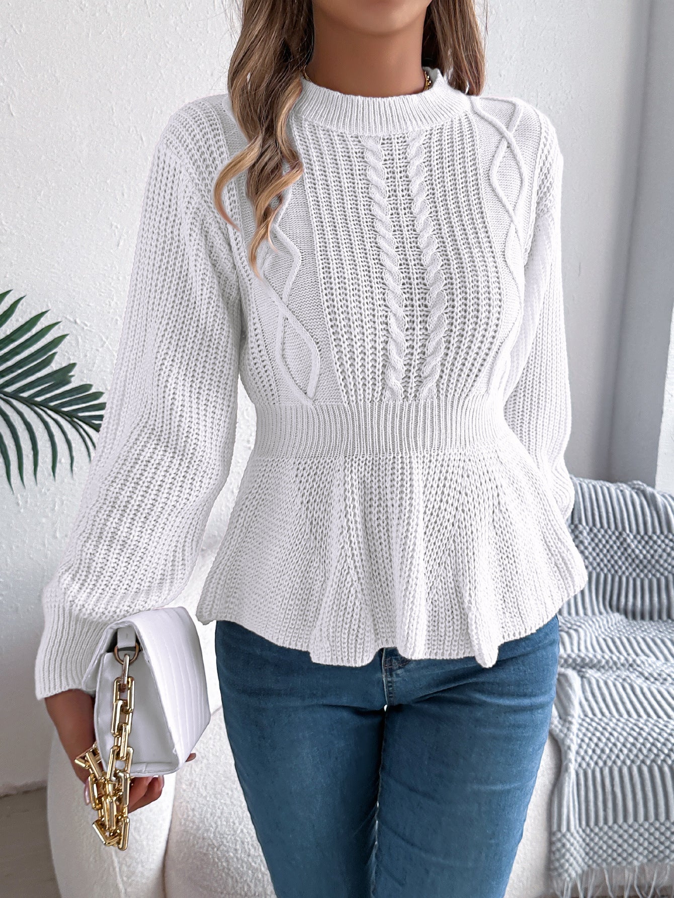 Herbst Winter Einfarbig Twist-Taille Figurbetonend Rüschen Langarm Pullover Damenbekleidung