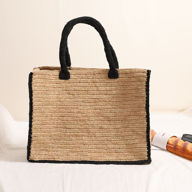 Raffia Quadrat Strohtasche Schwarzer Rand Große Kapazität Gewebte Tragetasche Urlaub Strandtasche Damentasche