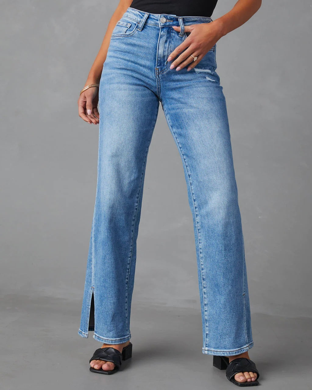 Split Jeans Damen Hohe Taille Split Straight Stretch Jeans