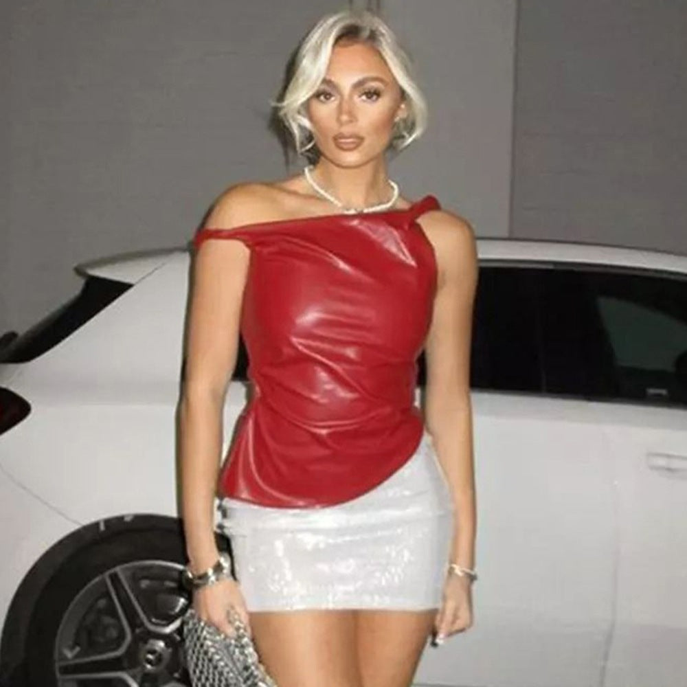 Sleeveless Vest Leather Oblique Shoulder Personality Irregular Asymmetric Top Women Clothing