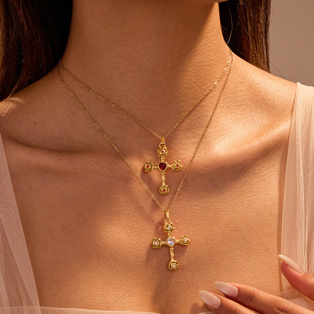 Elegance Retro Advanced Necklace Stainless Steel 18K Gold Color Diamond Rose Cross Embellished