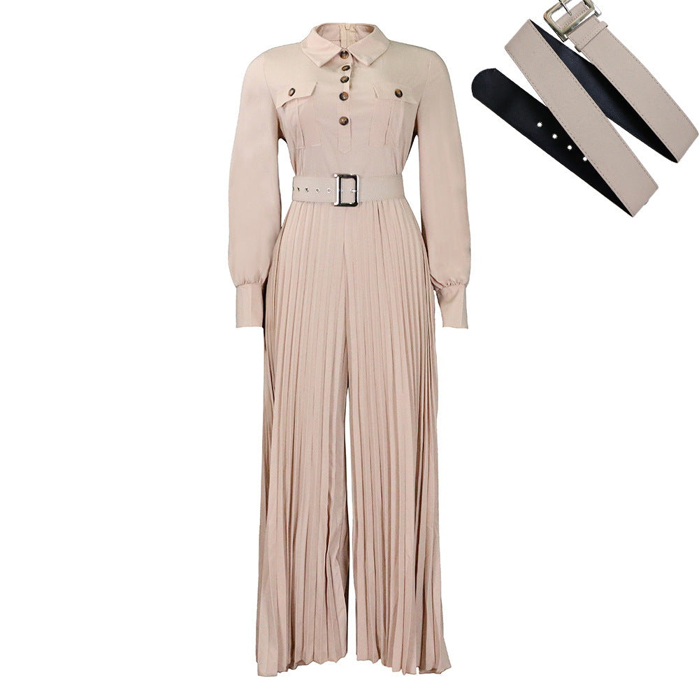 Gürtel Damenbekleidung Frühling Sommer Langarm Lässiger Lockerer Plissierter Overall mit Weitem Bein