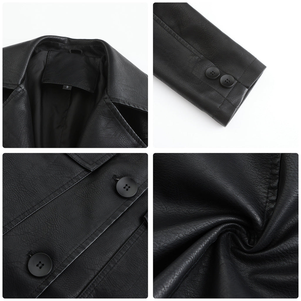 Langer Ledermantel Frühling Herbst Langarm Leder-Trenchcoat Britischer Mantel Damen mit Kragen Einreiher