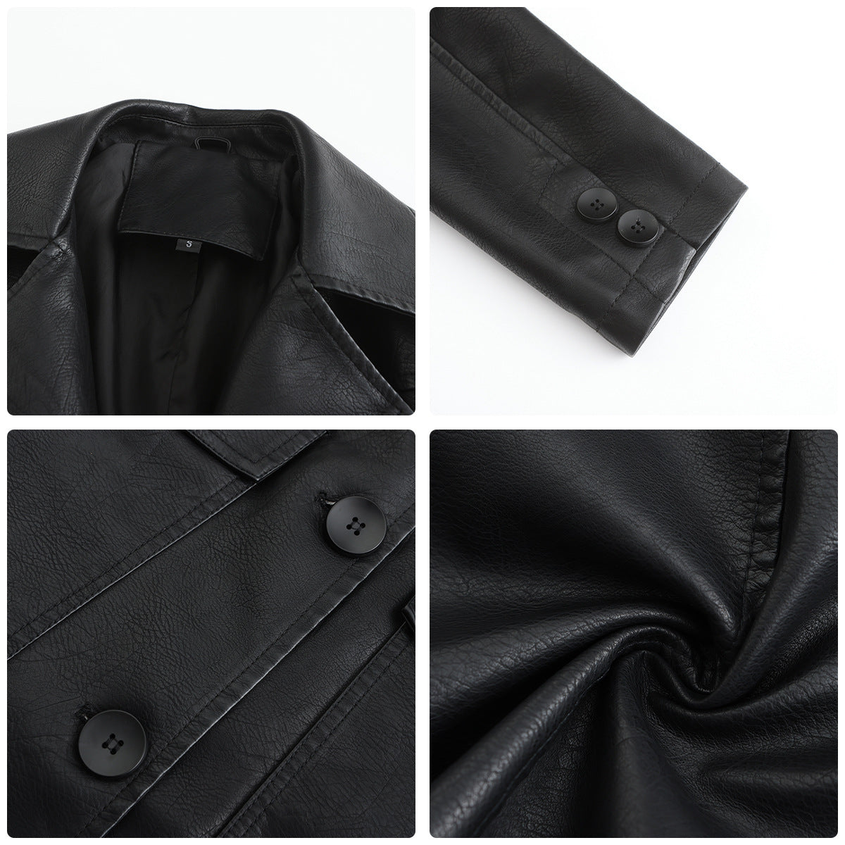 Langer Ledermantel Frühling Herbst Langarm Leder-Trenchcoat Britischer Mantel Damen mit Kragen Einreiher