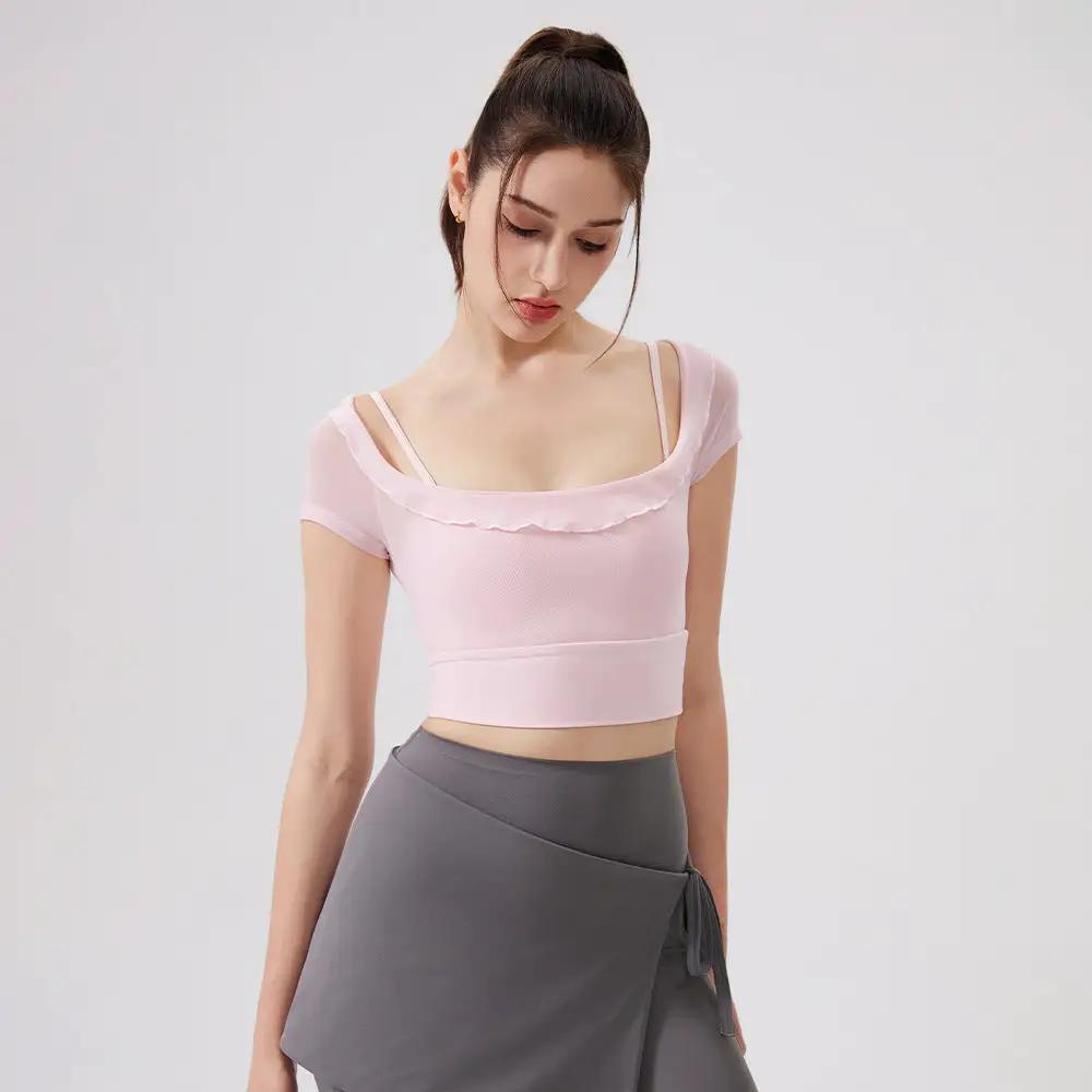 Sexy Spitze Mesh Yoga Kleidung Kurzarm Laufend Schnelltrocknender Sport-BH mit Brustpolster Einteilige Cup Trainingskleidung