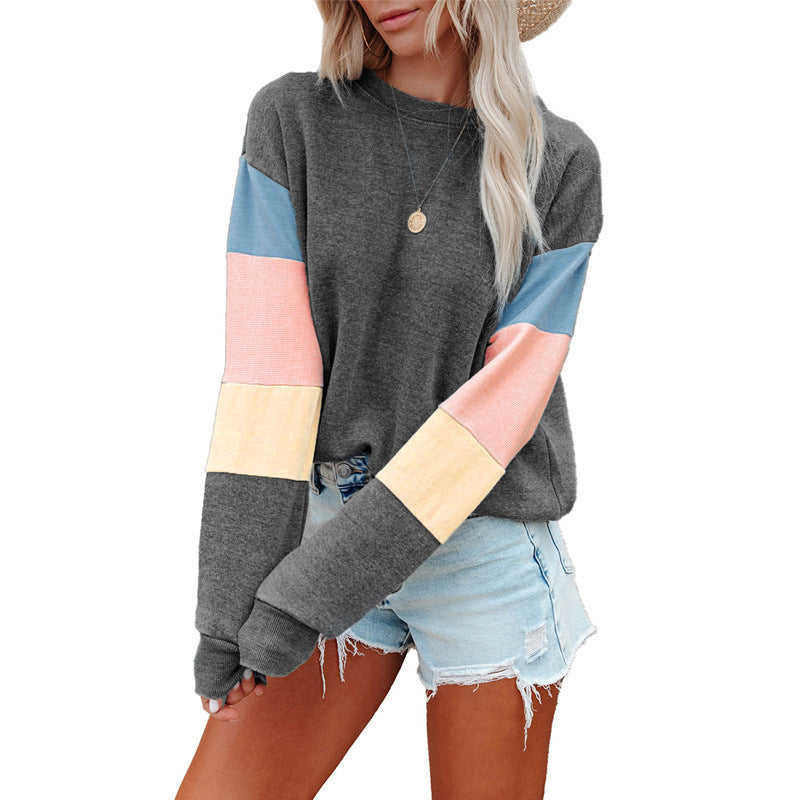 Pullover Sweatshirt Damen Frühling Herbst Rundhals Langarm Kontrastfarbe Langarm T-Shirt Damen