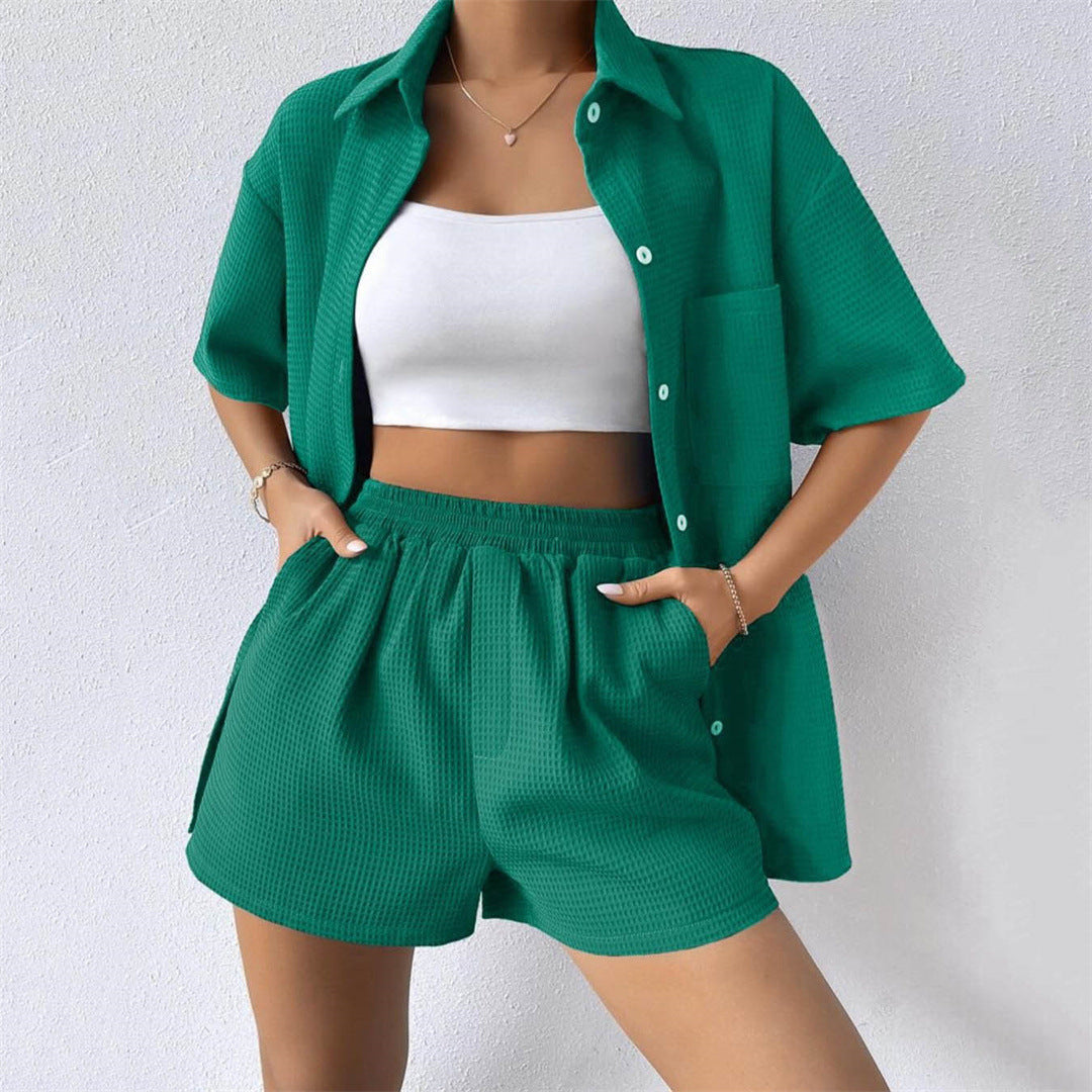 Sommer Anzug Damen Loose Casual Kurzarm Shirt Elastische Taille Shorts Zweiteiliges Set Damen