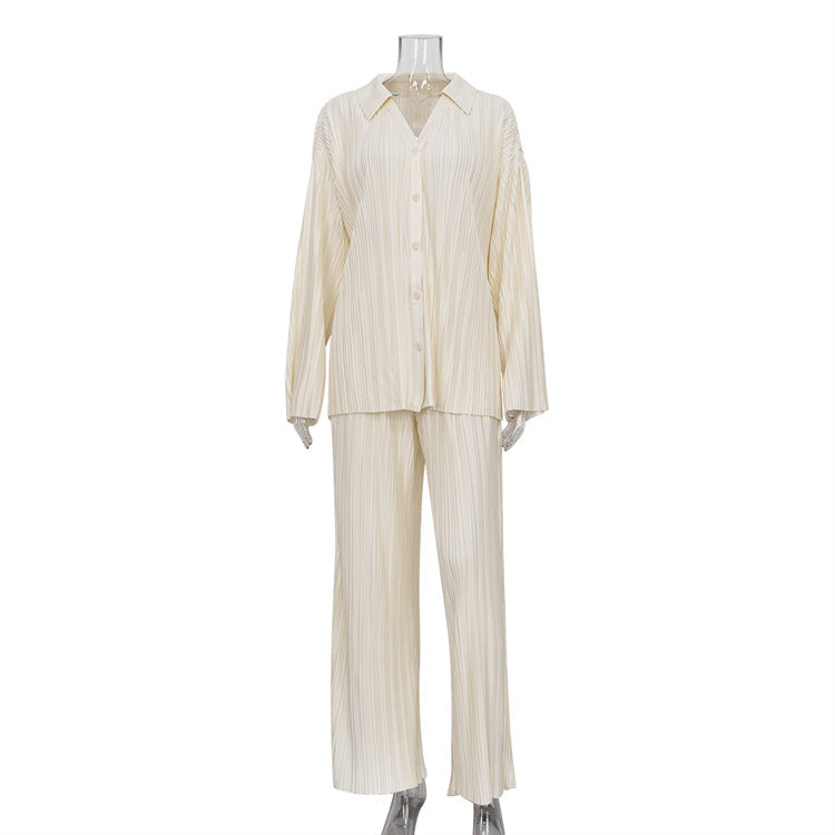 Herbstliches einfarbiges zweiteiliges Set für Damen mit geradem Bein, plissiertem Hemd und Hose im Western-Stil
