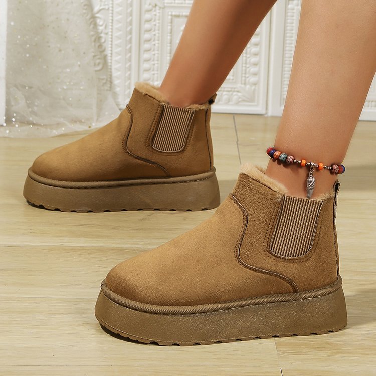 Herbst Winter Damen Plateau Schneestiefel Baumwollschuhe Gebürstetes Futter Runde Zehe Zum Reinschlüpfen Baumwollstiefel