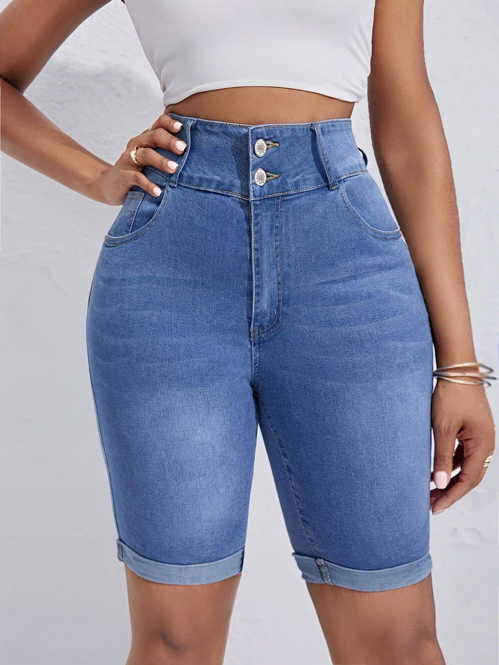 Ladies High Waist Double Buckle Middle Pants Curling Stretch Denim Shorts Cycling Pants