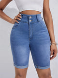 Ladies High Waist Double Buckle Middle Pants Curling Stretch Denim Shorts Cycling Pants