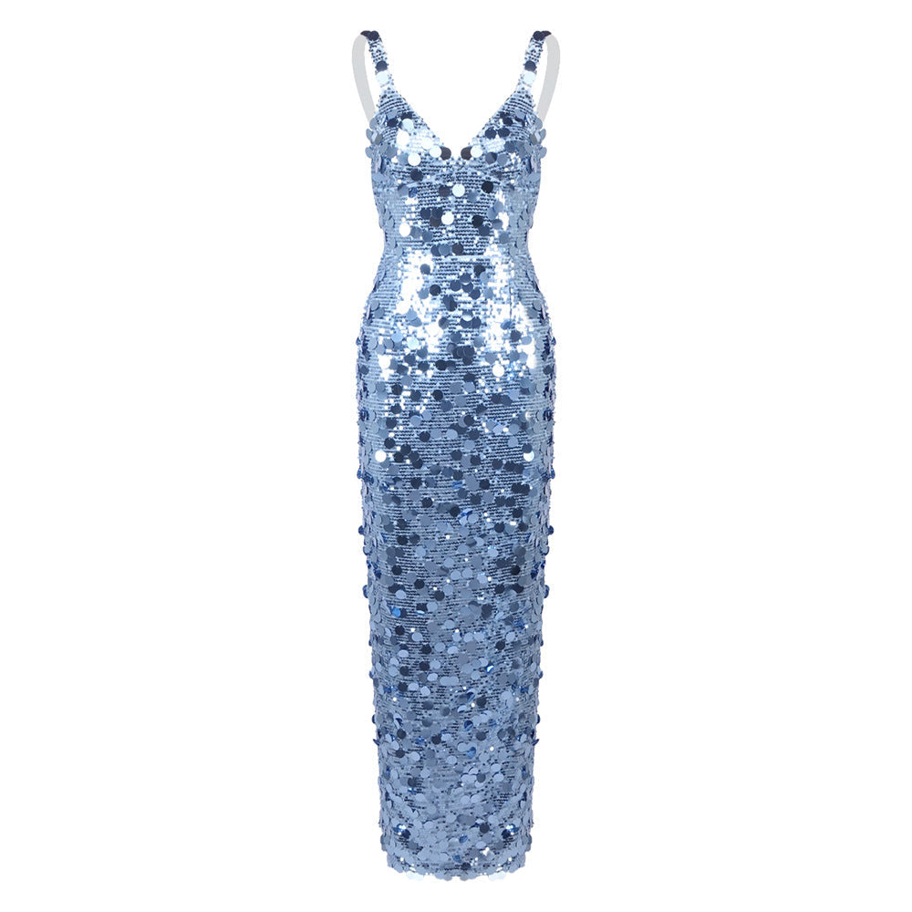 Sequined Blue Sequin V neck Dress with Shoulder Straps Sexy Dress Women Clothing