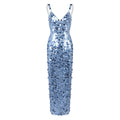 Sequined Blue Sequin V neck Dress with Shoulder Straps Sexy Dress Women Clothing